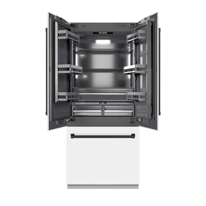 ZLINE Autograph Edition 36 in. 19.6 cu. ft. French Door Built-In Bottom Freezer Refrigerator with Water Dispenser and Ice Maker in White Matte with Graphite Gray Interior and Matte Black Accents (GRBIVZ-WM-36-MB)