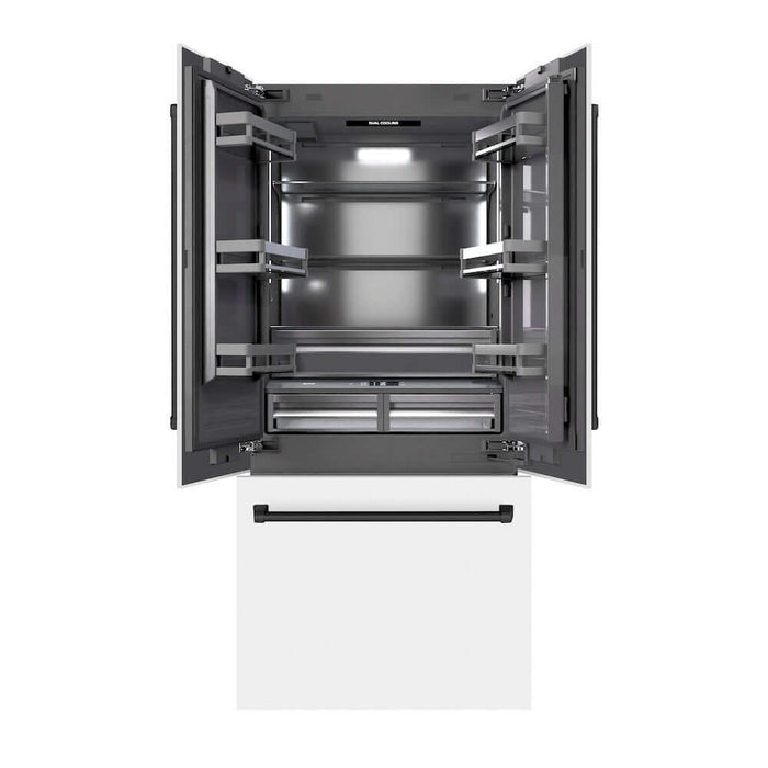 ZLINE Autograph Edition 36 in. 19.6 cu. ft. French Door Built-In Bottom Freezer Refrigerator with Water Dispenser and Ice Maker in White Matte with Graphite Gray Interior and Matte Black Accents (GRBIVZ-WM-36-MB)