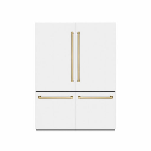 ZLINE Autograph Edition 60 in. 32.2 cu. ft. French Door Built-In Bottom Freezer Refrigerator with Water Dispenser and Ice Maker in White Matte with Graphite Gray Interior and Champagne Bronze Accents (GRBIVZ-WM-60-CB)