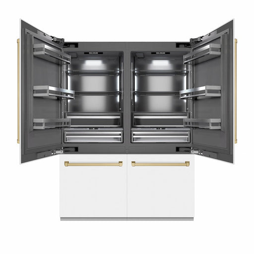 ZLINE Autograph Edition 60 in. 32.2 cu. ft. French Door Built-In Bottom Freezer Refrigerator with Water Dispenser and Ice Maker in White Matte with Graphite Gray Interior and Champagne Bronze Accents (GRBIVZ-WM-60-CB)