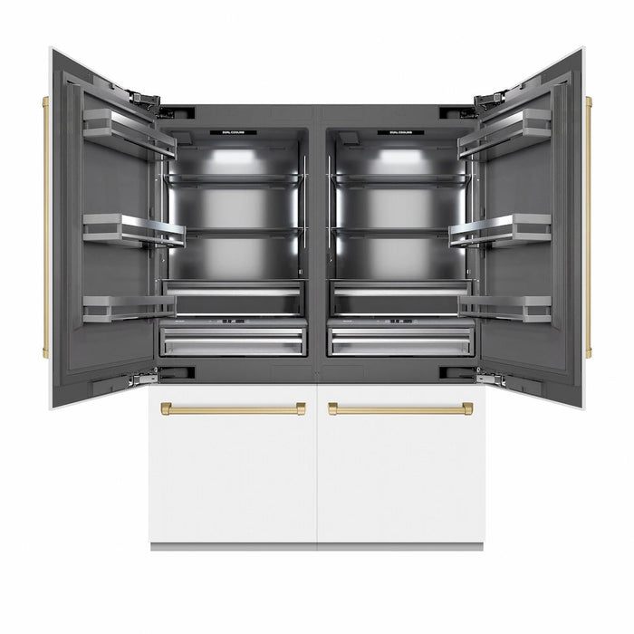 ZLINE Autograph Edition 60 in. 32.2 cu. ft. French Door Built-In Bottom Freezer Refrigerator with Water Dispenser and Ice Maker in White Matte with Graphite Gray Interior and Champagne Bronze Accents (GRBIVZ-WM-60-CB)
