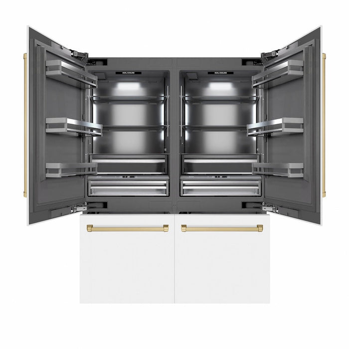 ZLINE Autograph Edition 60 in. 32.2 cu. ft. French Door Built-In Bottom Freezer Refrigerator with Water Dispenser and Ice Maker in White Matte with Graphite Gray Interior and Champagne Bronze Accents (GRBIVZ-WM-60-CB)