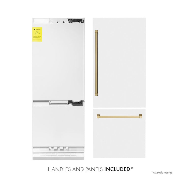 ZLINE Autograph Edition 30 in. 16.1 cu. ft. Built-In Bottom Freezer Refrigerator with Water Dispenser and Ice Maker in White Matte with Champagne Bronze Accents (RBIVZ-WM-30-CB)