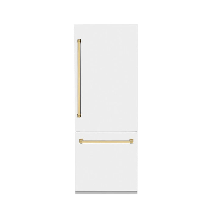 ZLINE Autograph Edition 30 in. 16.1 cu. ft. Built-In Bottom Freezer Refrigerator with Water Dispenser and Ice Maker in White Matte with Polished Gold Accents (RBIVZ-WM-30-G)