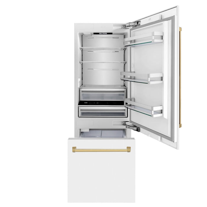 ZLINE Autograph Edition 30 in. 16.1 cu. ft. Built-In Bottom Freezer Refrigerator with Water Dispenser and Ice Maker in White Matte with Polished Gold Accents (RBIVZ-WM-30-G)