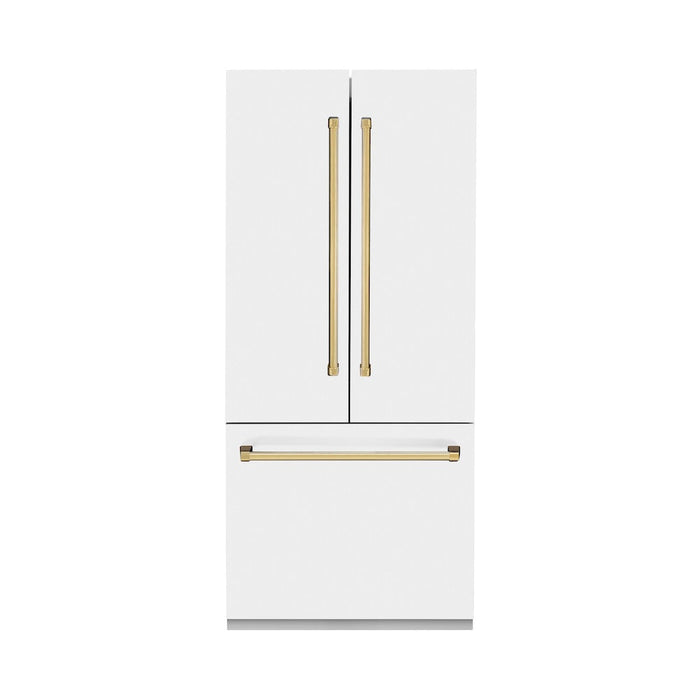 ZLINE Autograph Edition 36 in. 19.6 cu. ft. French Door Built-In Bottom Freezer Refrigerator with Water Dispenser and Ice Maker in White Matte with Polished Gold Accents (RBIVZ-WM-36-G)