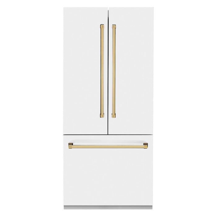 ZLINE Autograph Edition 36 in. 19.6 cu. ft. French Door Built-In Bottom Freezer Refrigerator with Water Dispenser and Ice Maker in White Matte with Polished Gold Accents (RBIVZ-WM-36-G)