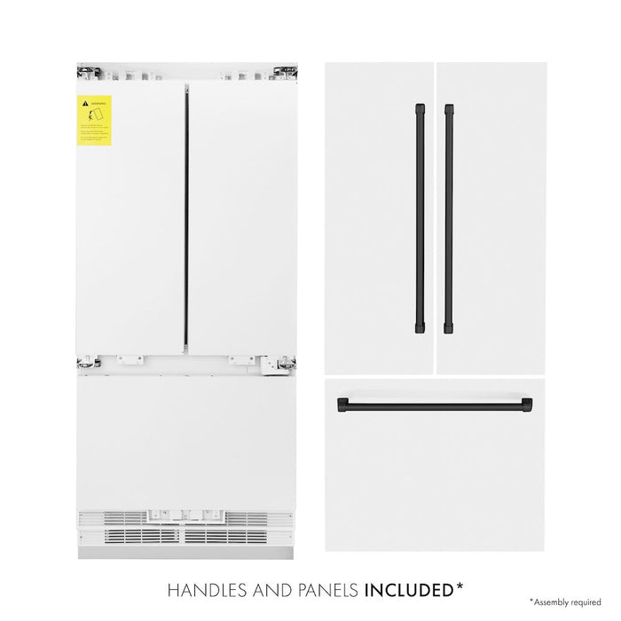 ZLINE Autograph Edition 36 in. 19.6 cu. ft. French Door Built-In Bottom Freezer Refrigerator with Water Dispenser and Ice Maker in White Matte with Matte Black Accents (RBIVZ-WM-36-MB)