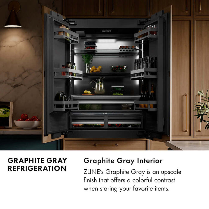 ZLINE Autograph Edition 30 in. 16.1 cu. ft. Built-In Bottom Freezer Refrigerator with Water Dispenser and Ice Maker in Black Stainless Steel with Graphite Gray Interior and Champagne Bronze Helix Handles (GRBIVZ-BS30KCB)