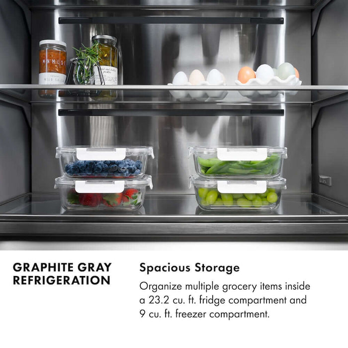 ZLINE Autograph Edition 60 in. 32.2 cu. ft. French Door Built-In Bottom Freezer Refrigerator with Water Dispenser and Ice Maker in Black Stainless Steel with Graphite Gray Interior and Champagne Bronze Helix Handles (GRBIVZ-BS60KCB)