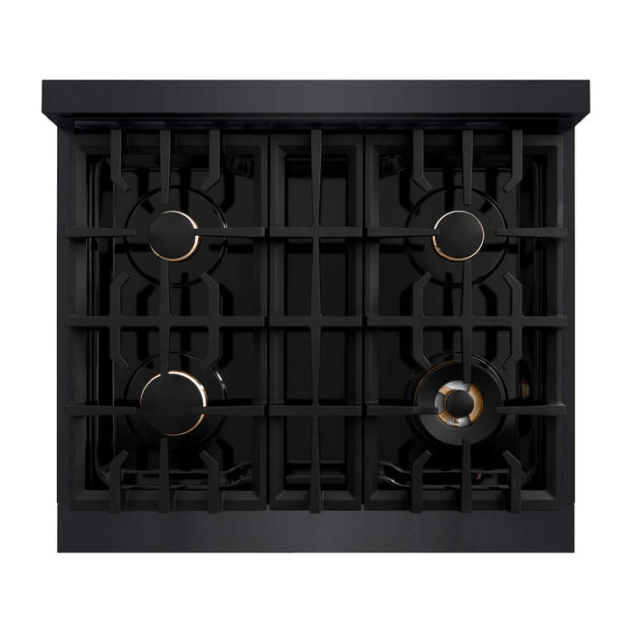 ZLINE Autograph Edition 30 in. 4.2 cu. ft. Classic Dual Fuel Range with 4 Burner Gas Cooktop and Electric Convection Oven in Black Stainless Steel with Polished Gold Accents (CDRBZ-30-G)