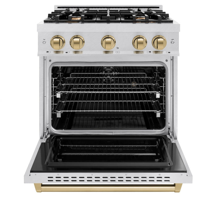 ZLINE Autograph Edition 30 in. 4.2 cu. ft. Classic Dual Fuel Range with 4 Burner Gas Cooktop and Electric Convection Oven in Satin Stainless Steel with Champagne Bronze Accents (CDRSZ-30-CB)