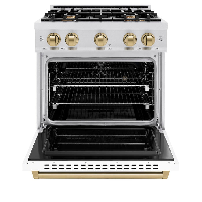 ZLINE Autograph Edition 30 in. 4.2 cu. ft. Classic Dual Fuel Range with 4 Burner Gas Cooktop and Electric Convection Oven in Satin Stainless Steel with White Matte Door and Champagne Bronze Accents (CDRSZ-WM-30-CB)