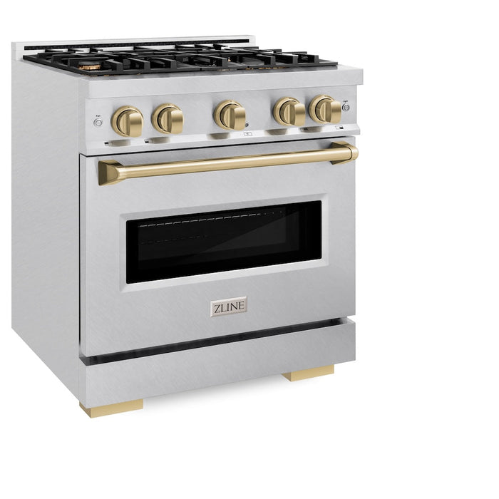 ZLINE Autograph Edition 30 in. 4.2 cu. ft. Classic Dual Fuel Range with 4 Burner Gas Cooktop and Electric Convection Oven in Satin Stainless Steel with Champagne Bronze Accents (CDRSZ-30-CB)
