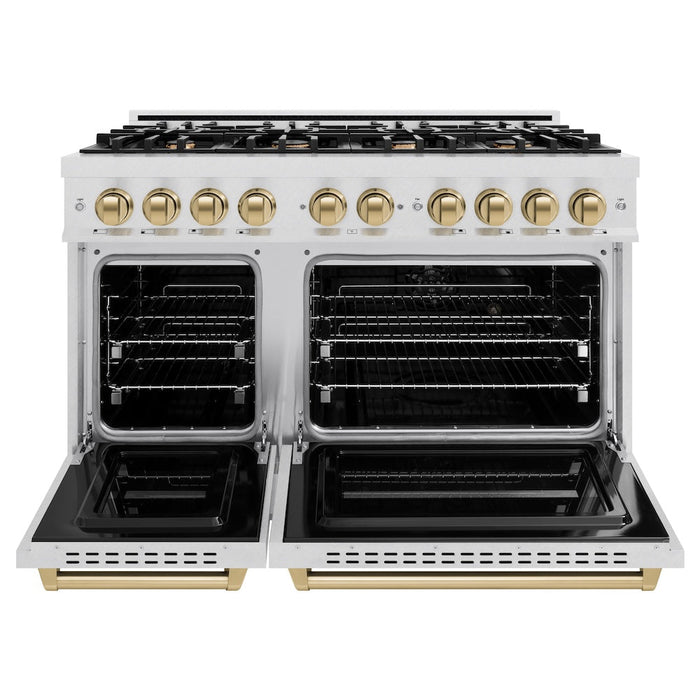 ZLINE Autograph Edition 48 in. 6.7 cu. ft. Classic Double Oven Dual Fuel Range with 8 Burner Gas Cooktop in Satin Stainless Steel and Champagne Bronze Accents (CDRSZ-48-CB)
