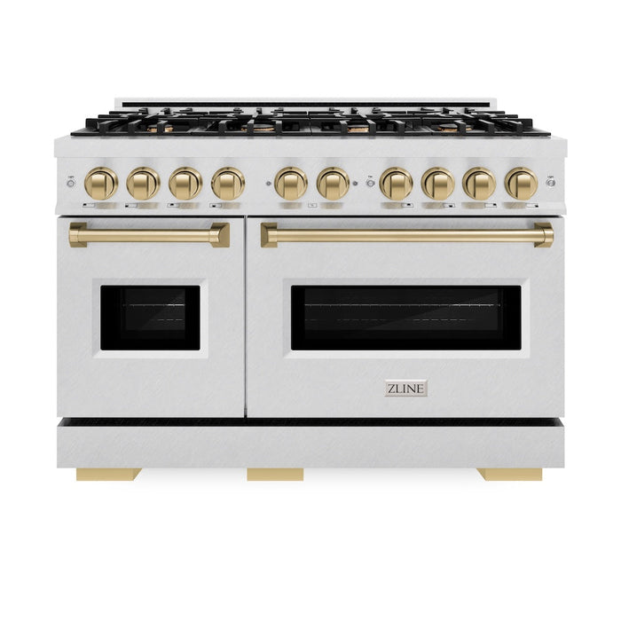 ZLINE Autograph Edition 48 in. 6.7 cu. ft. Classic Double Oven Dual Fuel Range with 8 Burner Gas Cooktop in Satin Stainless Steel and Champagne Bronze Accents (CDRSZ-48-CB)