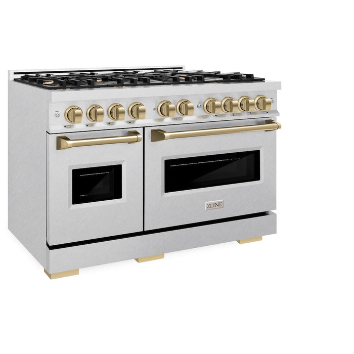 ZLINE Autograph Edition 48 in. 6.7 cu. ft. Classic Double Oven Dual Fuel Range with 8 Burner Gas Cooktop in Satin Stainless Steel and Champagne Bronze Accents (CDRSZ-48-CB)