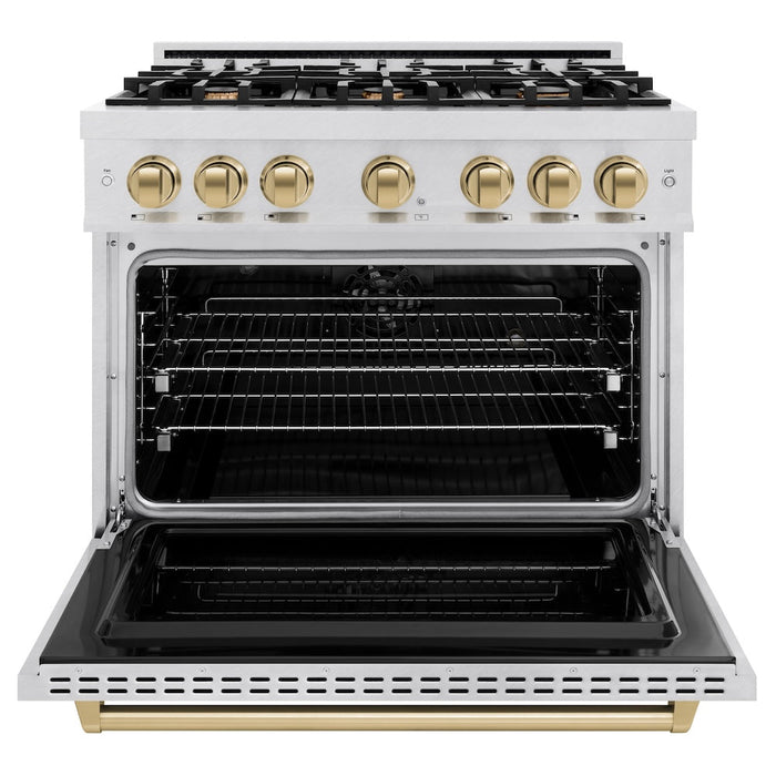 ZLINE Autograph Edition 36 in. 5.2 cu. ft. Classic Dual Fuel Range with 6 Burner Gas Cooktop and Electric Convection Oven in Satin Stainless Steel with Champagne Bronze Accents (CDRSZ-36-CB)