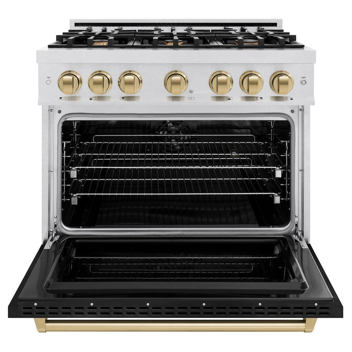 ZLINE Autograph Edition 36 in. 5.2 cu. ft. Classic Dual Fuel Range with 6 Burner Gas Cooktop and Electric Convection Oven in Satin Stainless Steel with Black Matte Door and Champagne Bronze Accents (CDRSZ-BLM-36-CB)
