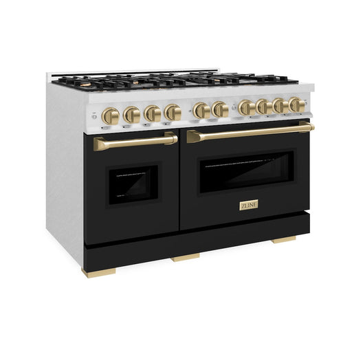 ZLINE Autograph Edition 48 in. 6.7 cu. ft. Classic Double Oven Dual Fuel Range with 8 Burner Gas Cooktop in Satin Stainless Steel with Black Matte Doors and Champagne Bronze Accents (CDRSZ-BLM-48-CB)