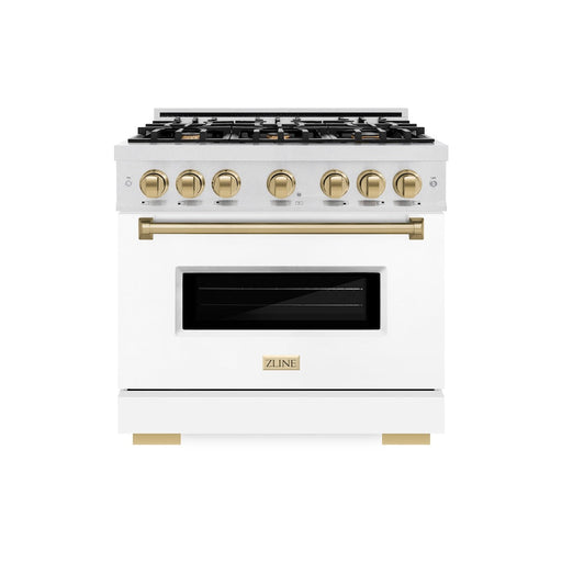 ZLINE Autograph Edition 36 in. 5.2 cu. ft. Classic Dual Fuel Range with 6 Burner Gas Cooktop and Electric Convection Oven in Satin Stainless Steel with White Matte Door and Champagne Bronze Accents (CDRSZ-WM-36-CB)
