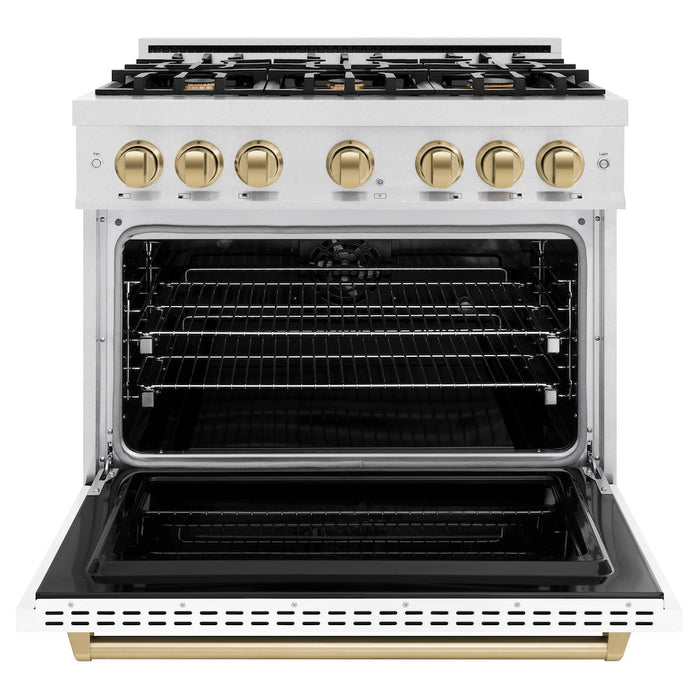 ZLINE Autograph Edition 36 in. 5.2 cu. ft. Classic Dual Fuel Range with 6 Burner Gas Cooktop and Electric Convection Oven in Satin Stainless Steel with White Matte Door and Champagne Bronze Accents (CDRSZ-WM-36-CB)