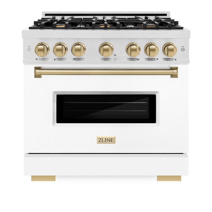 ZLINE Autograph Edition 36 in. 5.2 cu. ft. Classic Dual Fuel Range with 6 Burner Gas Cooktop and Electric Convection Oven in Satin Stainless Steel with White Matte Door and Champagne Bronze Accents (CDRSZ-WM-36-CB)