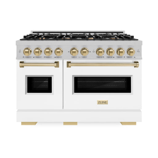 ZLINE Autograph Edition 48 in. 6.7 cu. ft. Classic Double Oven Dual Fuel Range with 8 Burner Gas Cooktop in Satin Stainless Steel with White Matte Doors and Champagne Bronze Accents (CDRSZ-WM-48-CB)