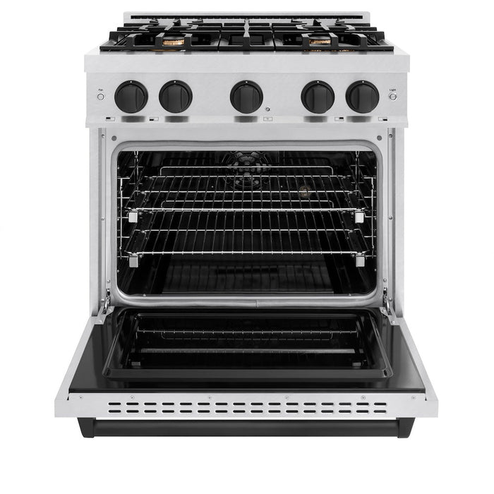 ZLINE Autograph Edition 30 in. 4.2 cu. ft. Classic Dual Fuel Range with 4 Burner Gas Cooktop and Electric Convection Oven in Satin Stainless Steel with Matte Black Accents (CDRSZ-30-MB)