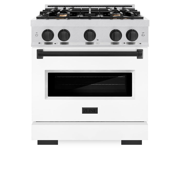 ZLINE Autograph Edition 30 in. 4.2 cu. ft. Classic Dual Fuel Range with 4 Burner Gas Cooktop and Electric Convection Oven in Satin Stainless Steel with White Matte Door and Matte Black Accents (CDRSZ-WM-30-MB)