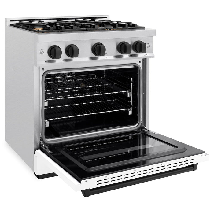 ZLINE Autograph Edition 30 in. 4.2 cu. ft. Classic Dual Fuel Range with 4 Burner Gas Cooktop and Electric Convection Oven in Satin Stainless Steel with White Matte Door and Matte Black Accents (CDRSZ-WM-30-MB)