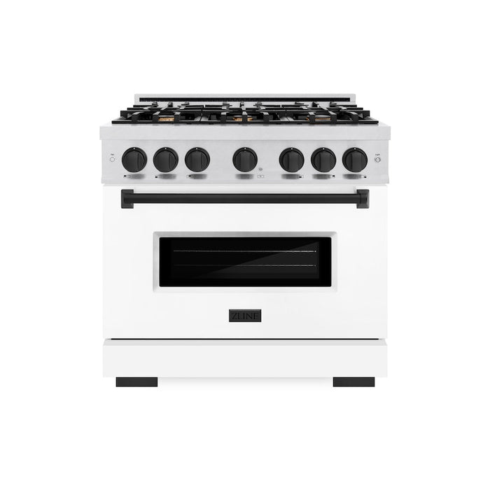 ZLINE Autograph Edition 36 in. 5.2 cu. ft. Classic Dual Fuel Range with 6 Burner Gas Cooktop and Electric Convection Oven in Satin Stainless Steel with White Matte Door and Matte Black Accents (CDRSZ-WM-36-MB)