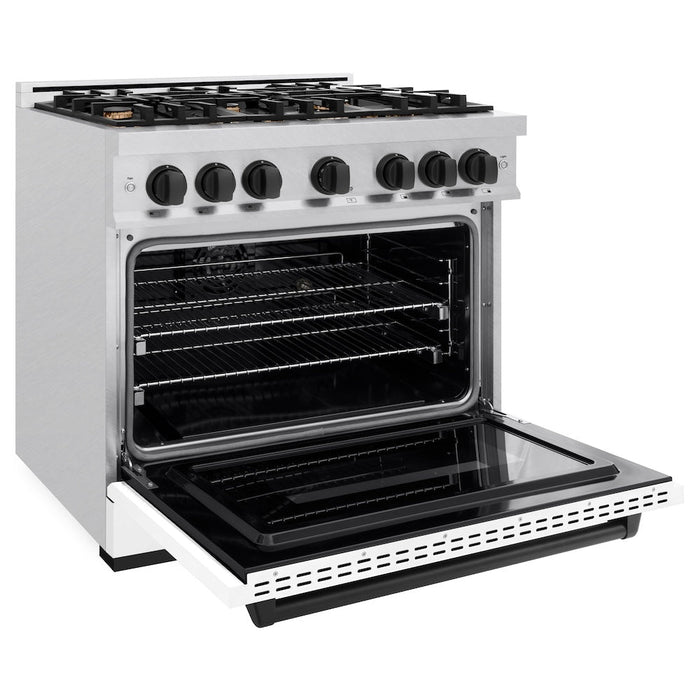 ZLINE Autograph Edition 36 in. 5.2 cu. ft. Classic Dual Fuel Range with 6 Burner Gas Cooktop and Electric Convection Oven in Satin Stainless Steel with White Matte Door and Matte Black Accents (CDRSZ-WM-36-MB)