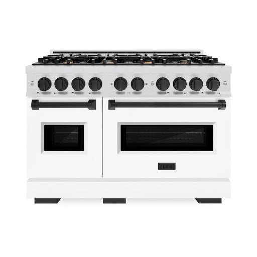 ZLINE Autograph Edition 48 in. 6.7 cu. ft. Classic Double Oven Dual Fuel Range with 8 Burner Gas Cooktop in Satin Stainless Steel with White Matte Doors and Matte Black Accents (CDRSZ-WM-48-MB)