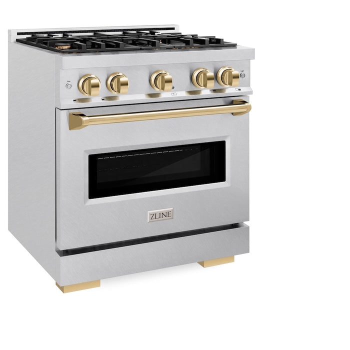 ZLINE Autograph Edition 30 in. 4.2 cu. ft. Classic Dual Fuel Range with 4 Burner Gas Cooktop and Electric Convection Oven in Satin Stainless Steel with Polished Gold Accents (CDRSZ-30-G)