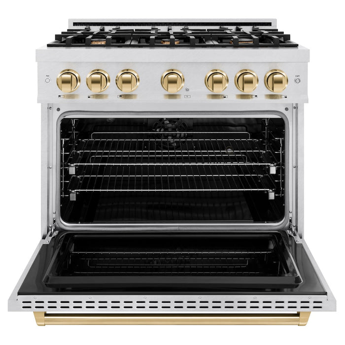 ZLINE Autograph Edition 36 in. 5.2 cu. ft. Classic Dual Fuel Range with 6 Burner Gas Cooktop and Electric Convection Oven in Satin Stainless Steel with Polished Gold Accents (CDRSZ-36-G)