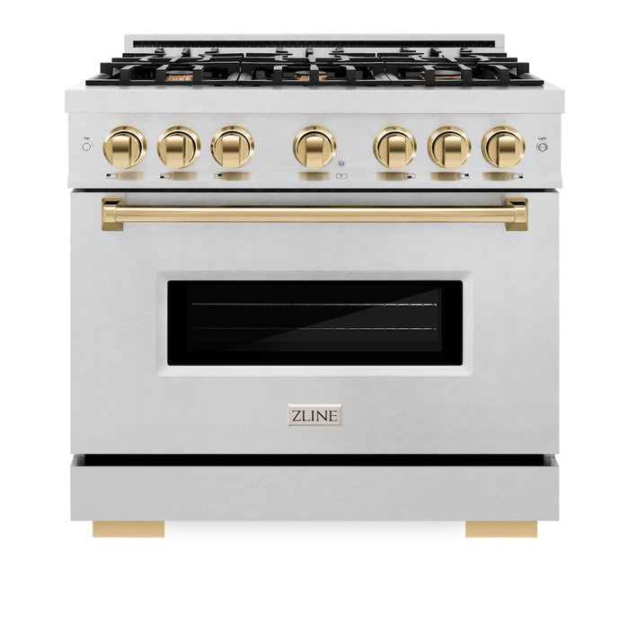 ZLINE Autograph Edition 36 in. 5.2 cu. ft. Classic Dual Fuel Range with 6 Burner Gas Cooktop and Electric Convection Oven in Satin Stainless Steel with Polished Gold Accents (CDRSZ-36-G)