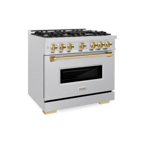ZLINE Autograph Edition 36 in. 5.2 cu. ft. Classic Dual Fuel Range with 6 Burner Gas Cooktop and Electric Convection Oven in Satin Stainless Steel with Polished Gold Accents (CDRSZ-36-G)