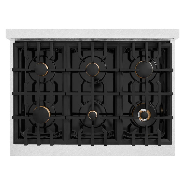 ZLINE Autograph Edition 36 in. 5.2 cu. ft. Classic Dual Fuel Range with 6 Burner Gas Cooktop and Electric Convection Oven in Satin Stainless Steel with Polished Gold Accents (CDRSZ-36-G)