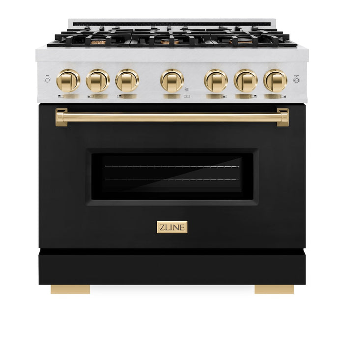 ZLINE Autograph Edition 36 in. 5.2 cu. ft. Classic Dual Fuel Range with 6 Burner Gas Cooktop and Electric Convection Oven in Satin Stainless Steel with Black Matte Door and Polished Gold Accents (CDRSZ-BLM-36-G)