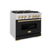 ZLINE Autograph Edition 36 in. 5.2 cu. ft. Classic Dual Fuel Range with 6 Burner Gas Cooktop and Electric Convection Oven in Satin Stainless Steel with Black Matte Door and Polished Gold Accents (CDRSZ-BLM-36-G)