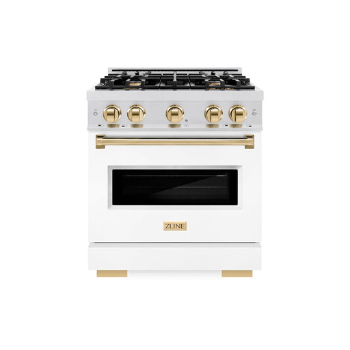 ZLINE Autograph Edition 30 in. 4.2 cu. ft. Classic Dual Fuel Range with 4 Burner Gas Cooktop and Electric Convection Oven in Satin Stainless Steel with White Matte Door and Polished Gold Accents (CDRSZ-WM-30-G)