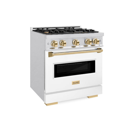 ZLINE Autograph Edition 30 in. 4.2 cu. ft. Classic Dual Fuel Range with 4 Burner Gas Cooktop and Electric Convection Oven in Satin Stainless Steel with White Matte Door and Polished Gold Accents (CDRSZ-WM-30-G)