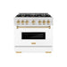 ZLINE Autograph Edition 36 in. 5.2 cu. ft. Classic Dual Fuel Range with 6 Burner Gas Cooktop and Electric Convection Oven in Satin Stainless Steel with White Matte Door and Polished Gold Accents (CDRSZ-WM-36-G)