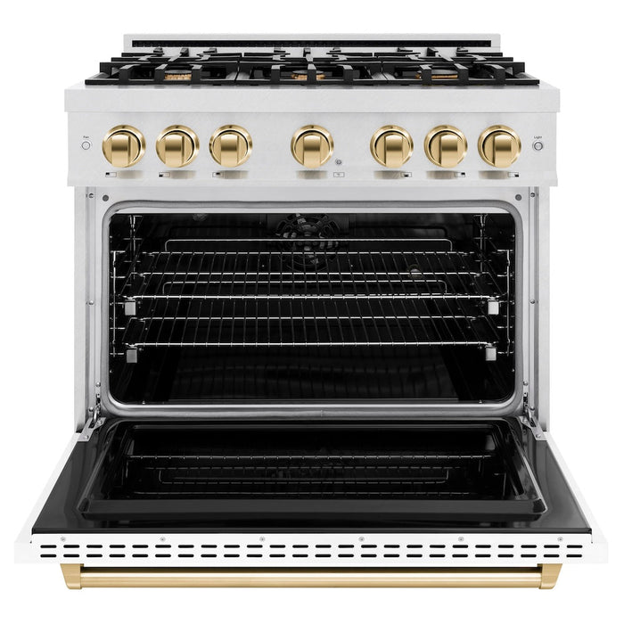 ZLINE Autograph Edition 36 in. 5.2 cu. ft. Classic Dual Fuel Range with 6 Burner Gas Cooktop and Electric Convection Oven in Satin Stainless Steel with White Matte Door and Polished Gold Accents (CDRSZ-WM-36-G)