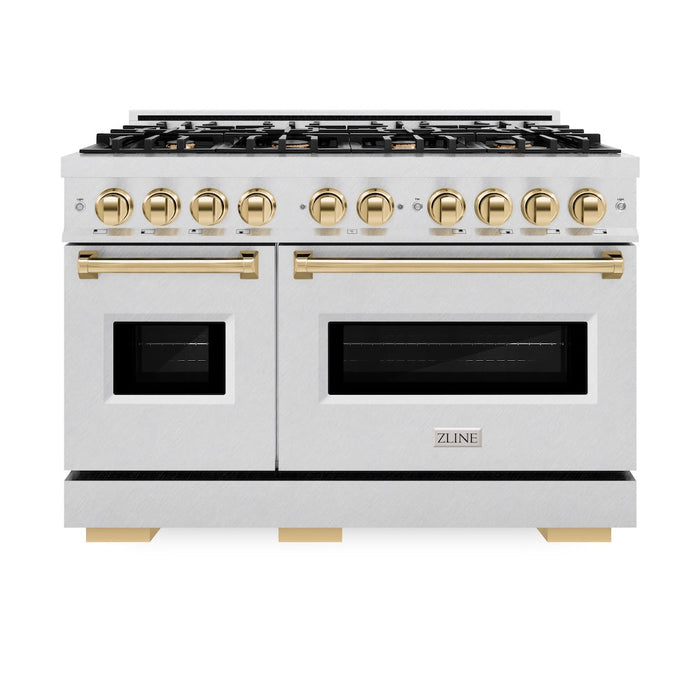 ZLINE Autograph Edition 48 in. 6.7 cu. ft. Classic Double Oven Dual Fuel Range with 8 Burner Gas Cooktop in Satin Stainless Steel and Polished Gold Accents (CDRSZ-48-G)