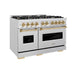ZLINE Autograph Edition 48 in. 6.7 cu. ft. Classic Double Oven Dual Fuel Range with 8 Burner Gas Cooktop in Satin Stainless Steel and Polished Gold Accents (CDRSZ-48-G)
