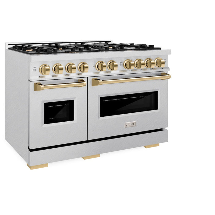 ZLINE Autograph Edition 48 in. 6.7 cu. ft. Classic Double Oven Dual Fuel Range with 8 Burner Gas Cooktop in Satin Stainless Steel and Polished Gold Accents (CDRSZ-48-G)