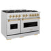 ZLINE Autograph Edition 48 in. 6.7 cu. ft. Classic Double Oven Dual Fuel Range with 8 Burner Gas Cooktop in Satin Stainless Steel and Polished Gold Accents (CDRSZ-48-G)