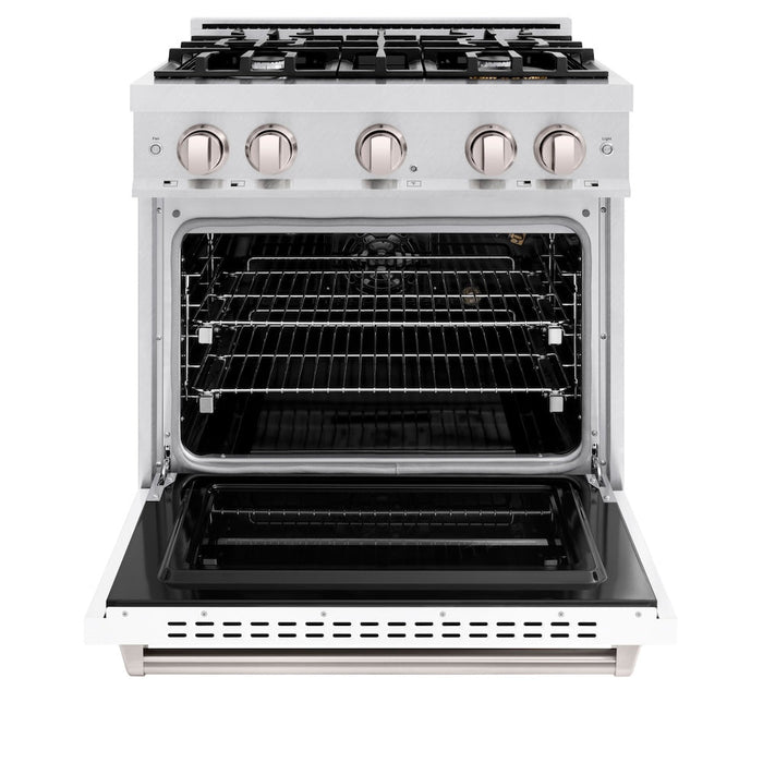ZLINE 30 in. 4.2 cu. ft. Classic Gas Range with 4 Burner Cooktop and Convection Gas Oven in Satin Stainless Steel with White Matte Door (CGRS-WM-30)